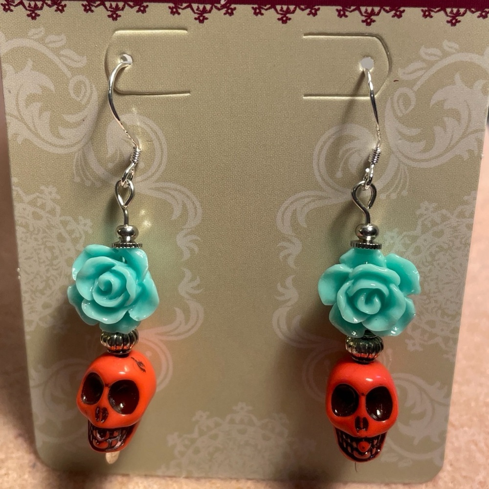 Hand Crafted Orange and Turquoise Skull Earrings